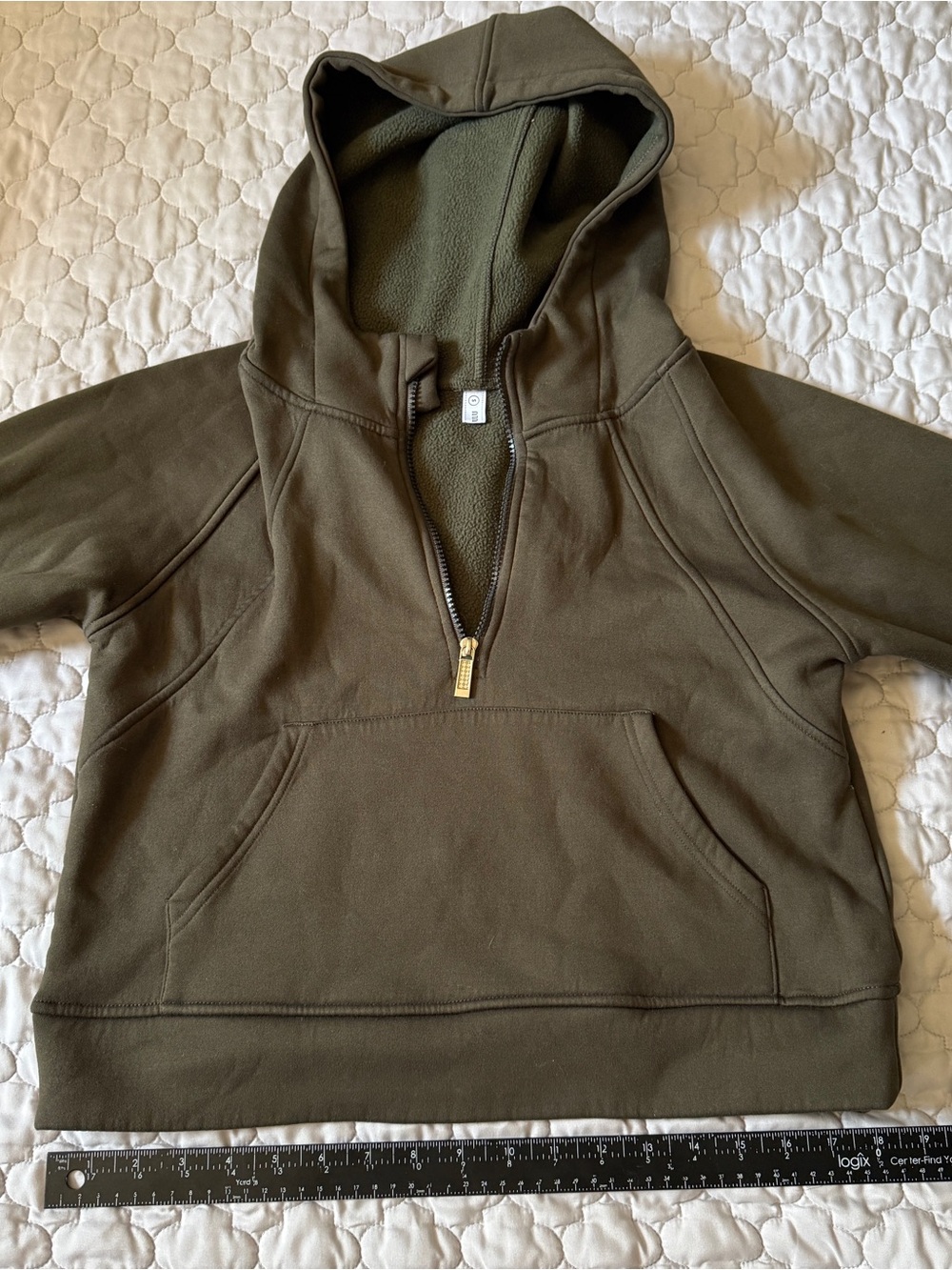 Amazon Olive Green Half-Zip Cropped Hooded Sweatshirt